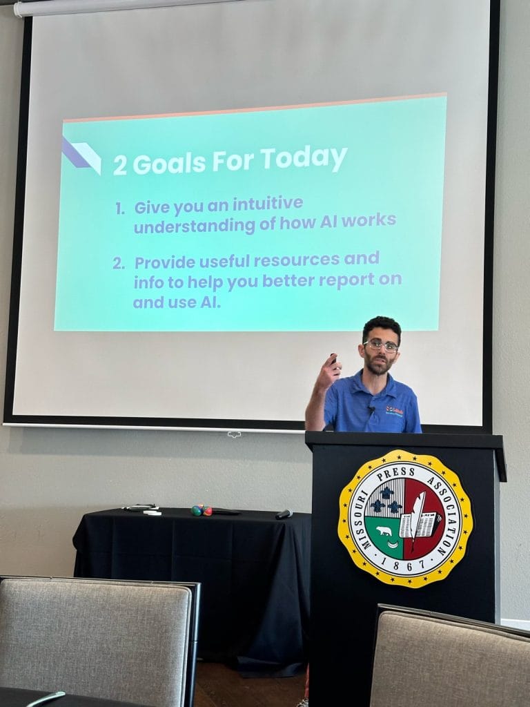 Picture of Gabriel Cassady giving AI talk to the Missouri Press Association