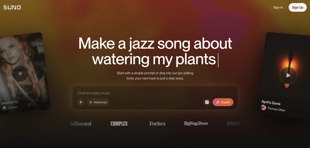 A Screenshot of the Suno AI Music Homepage taken by AI Expert Gabriel Cassady