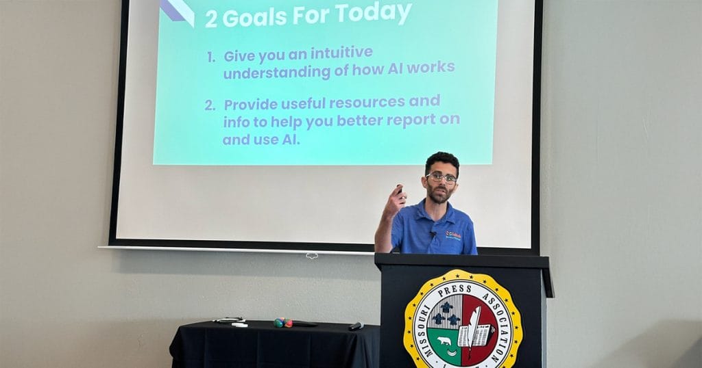 Gabriel Cassady giving an AI talk at the Missouri Press Association convention